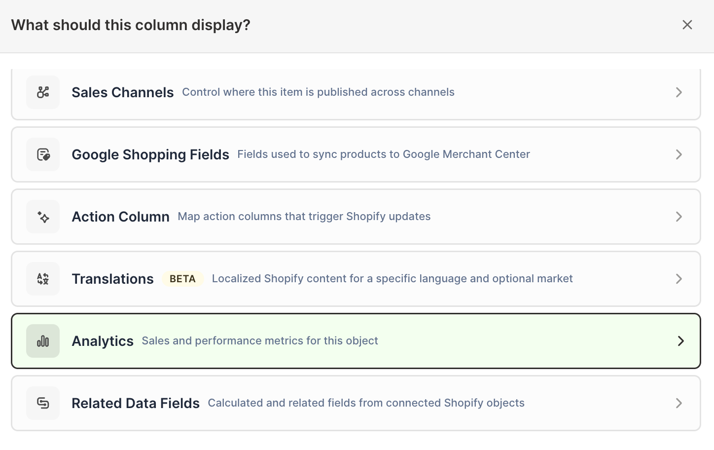 Choosing the Analytics column type in a Shopify data worksheet