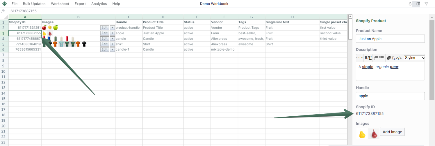 Shopify spreadsheet sidebar for rich text edits