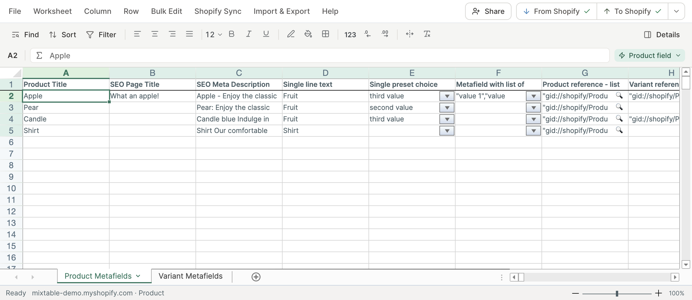 A Mixtable spreadsheet of Shopify products, with the menu bar and sync control at the top, the toolbar under it, the grid, and the worksheet tabs