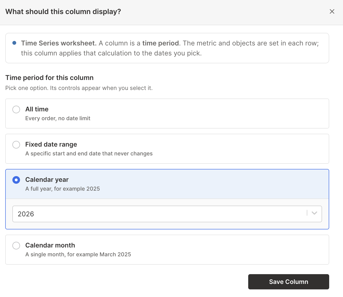 Time Series column settings set to a single Shopify calendar year