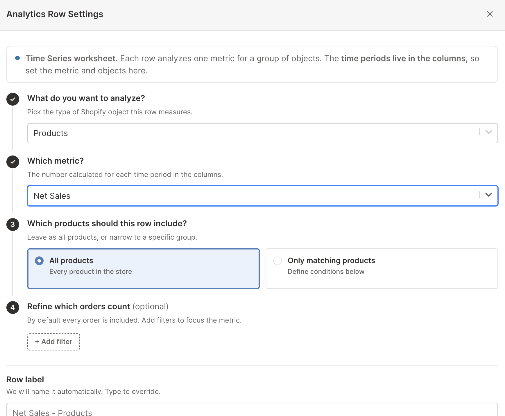Time Series row settings measuring Net Sales for every Shopify product