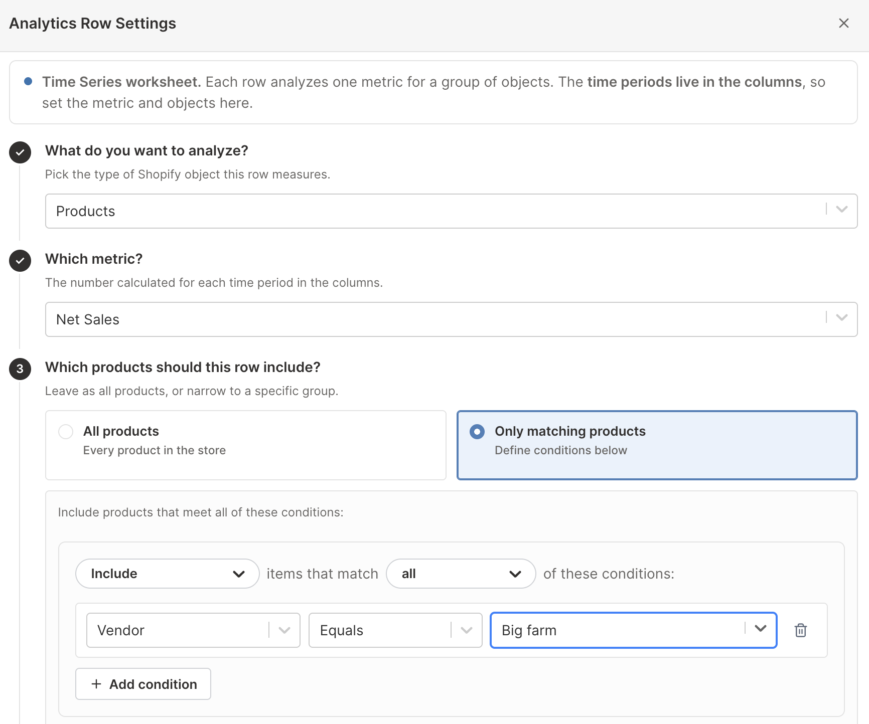 Reporting row conditions limiting a Shopify analytics row to one vendor's products