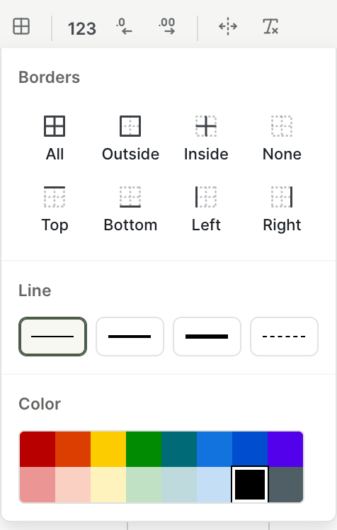 Borders menu in the Mixtable toolbar with border placements, line styles, and colors