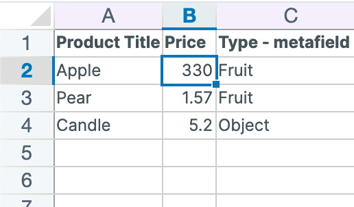Price changes Shopify spreadsheet