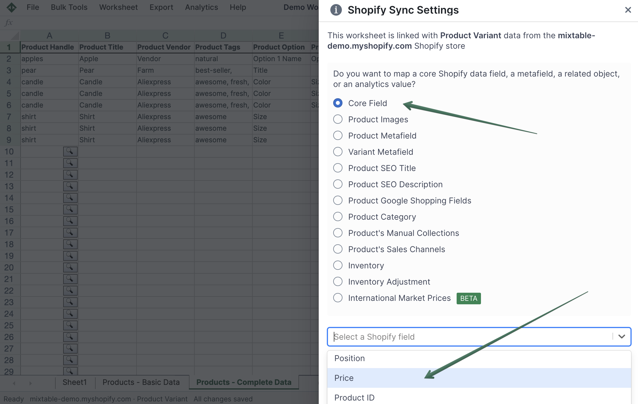 Edit Shopify prices in bulk with Mixtable spreadsheet