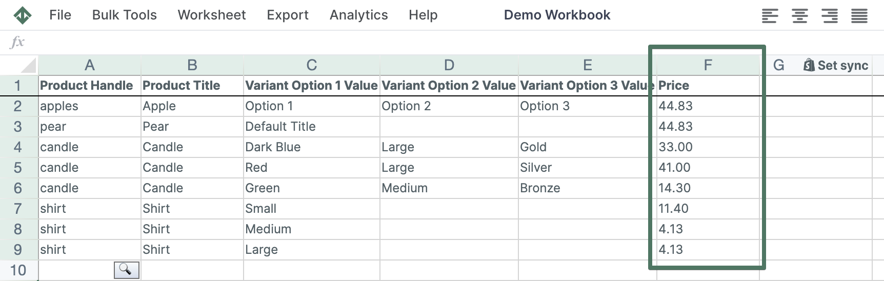 Shopify product variant prices in spreadsheet format