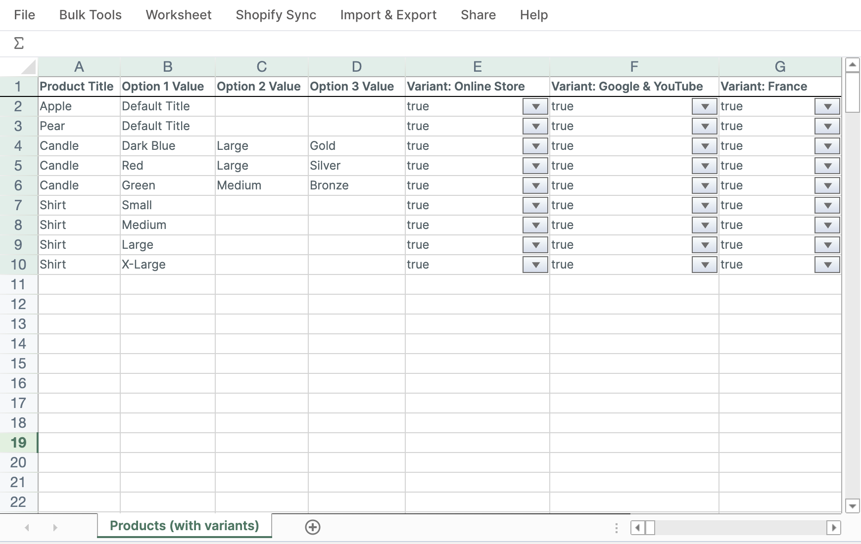 Products (with variants) worksheet in Mixtable with per-variant sales channel columns set to true or false